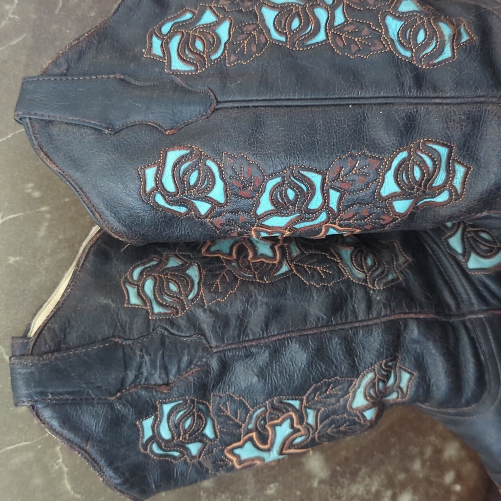 CORRAL R2482 Espresso brown & turquoise inlay crosses & roses cowgirl boots sz 7 - Picture 10 of 16